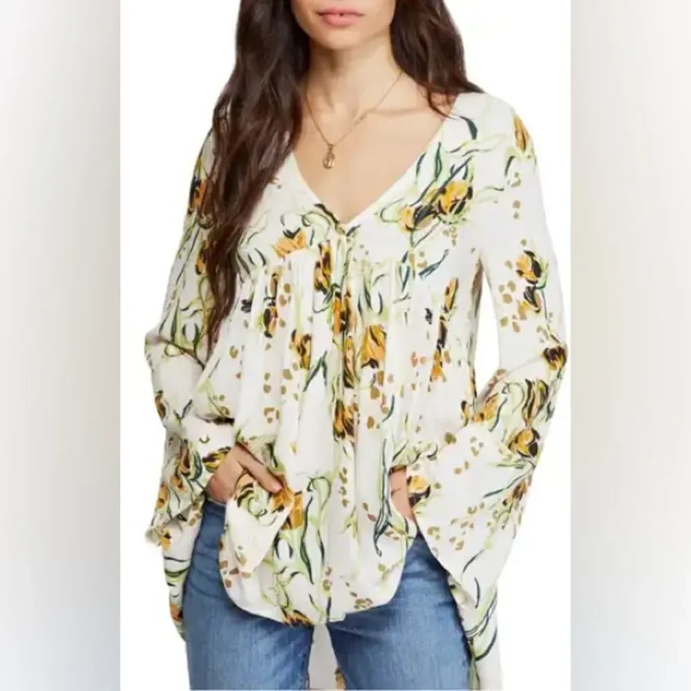 FREE PEOPLE BELLA PRINT TUNIC CREAM WITH FLOWERS SIZE SMALL